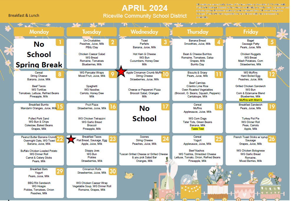 April Breakfast & Lunch Menu - Riceville Community School District